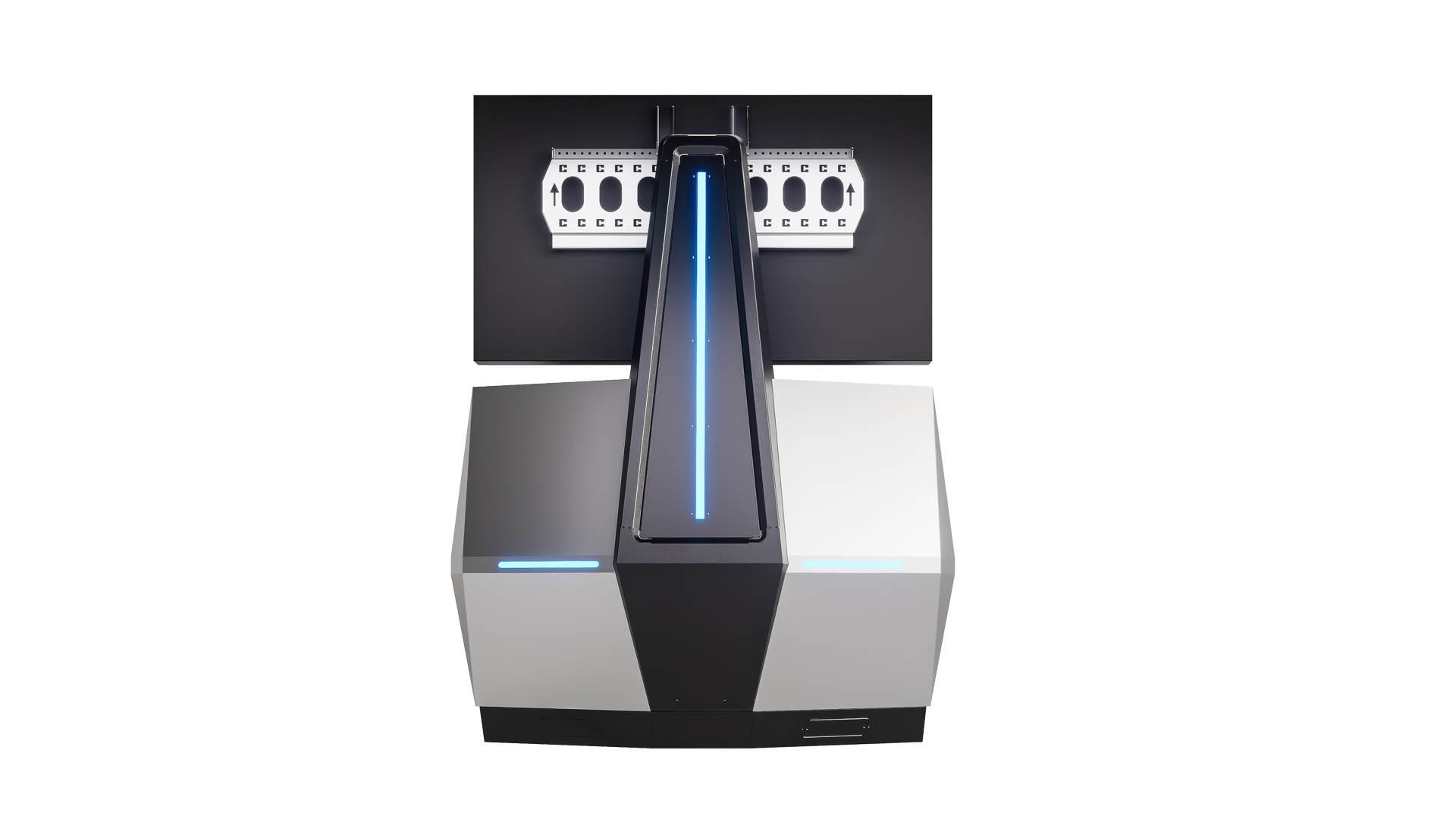 配备了大型黑色显示面板，用于呈现模拟场景或数据界面，具备设备扩展、调节功能。