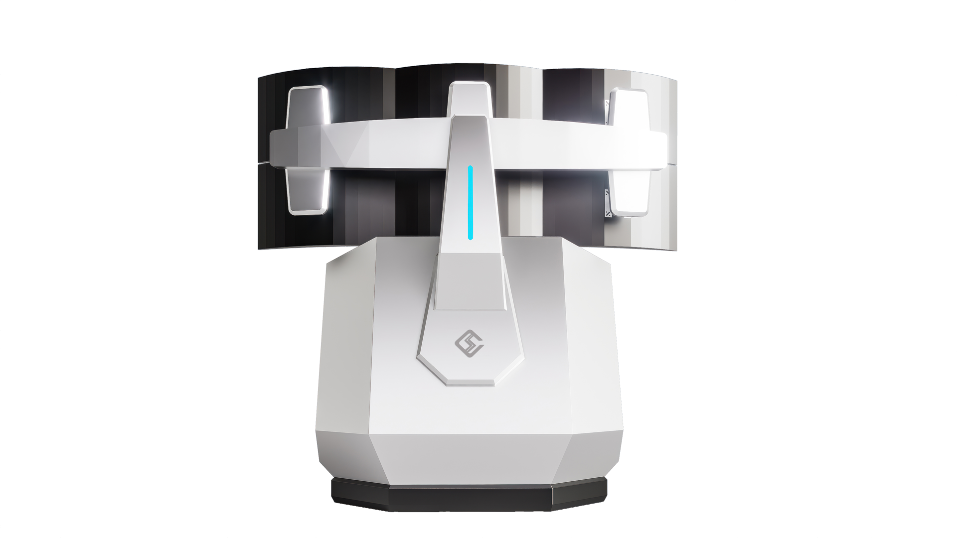 黑白为主色调，搭配蓝绿色氛围灯，视觉冲击力强。上部配备弧形多屏显示系统，为航空、高端驾驶或工业操作等领域提供沉浸式模拟训练。