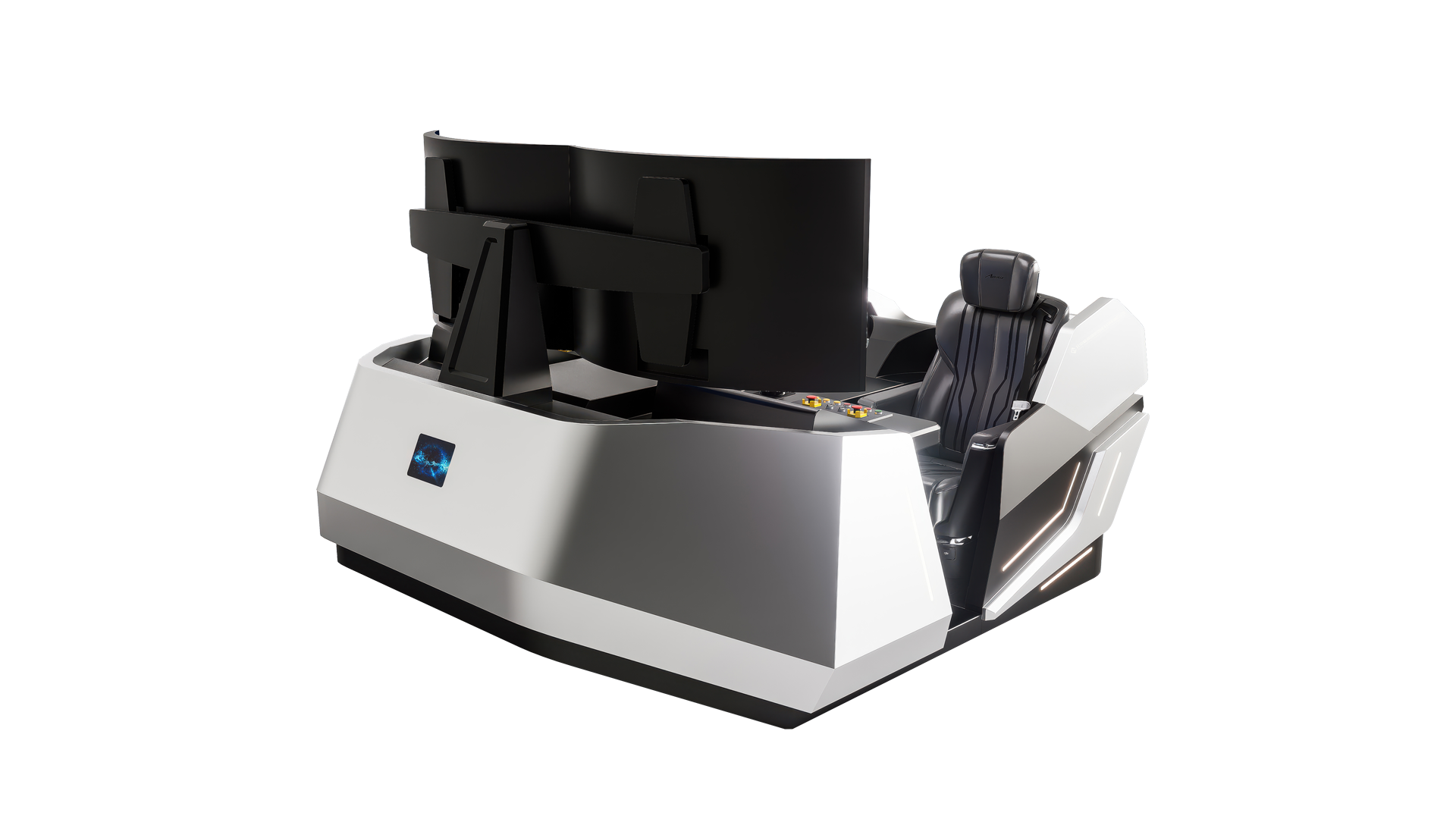 采用银黑配色的现代感造型，整体结构紧凑且富有科技感，线条棱角分明，营造出专业且沉浸式的操控环境。
