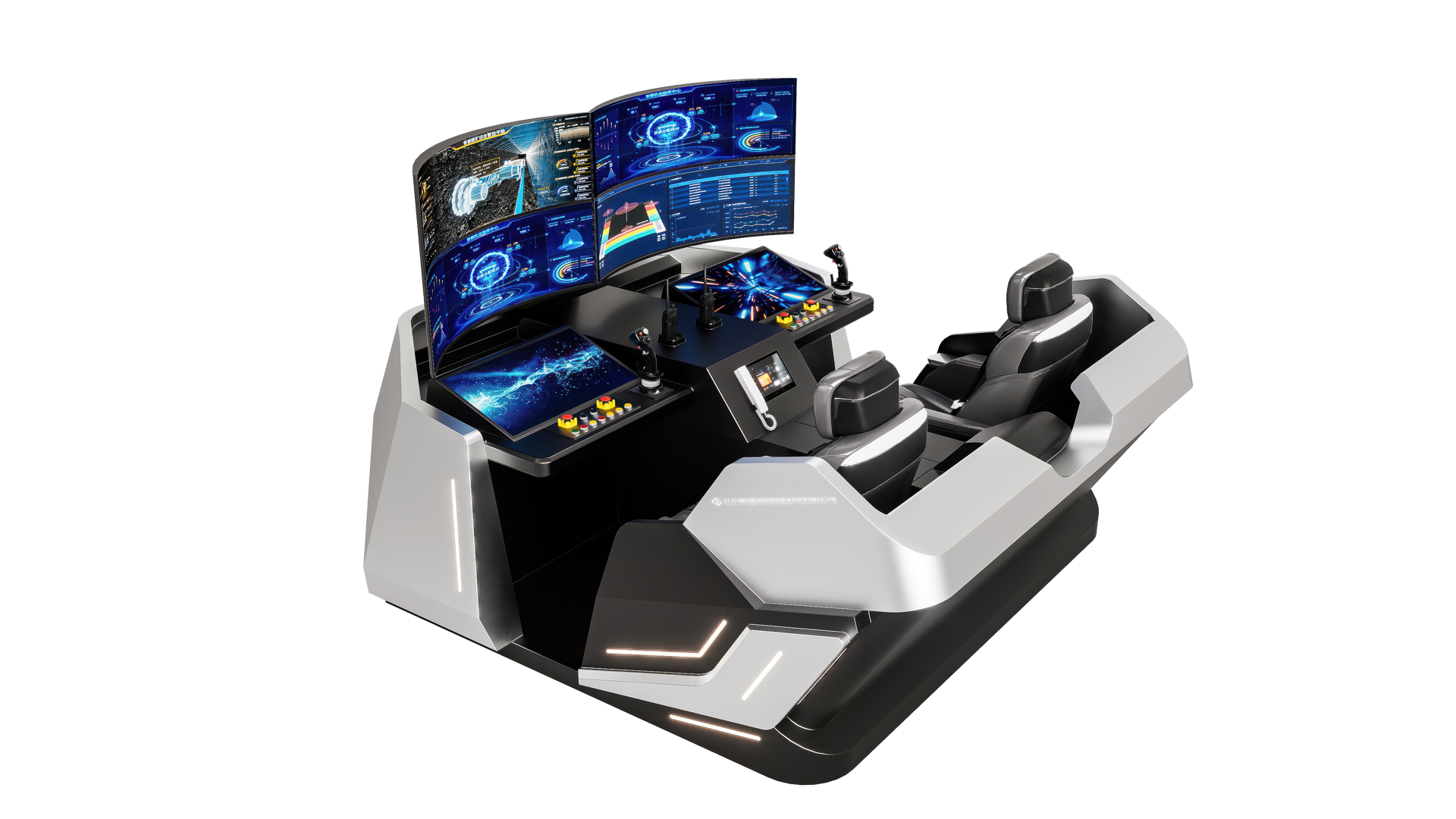 配备多块弧形与平面显示屏幕，可呈现复杂的可视化数据、场景模拟画面；设有多组操控杆、多功能控制台及触控设备，支持多人协同操作；还配置了人体工程学座椅，保障长时间操作的舒适性。该系统能模拟航空航天、高端工业控制或虚拟指挥等多场景的复杂操控需求。