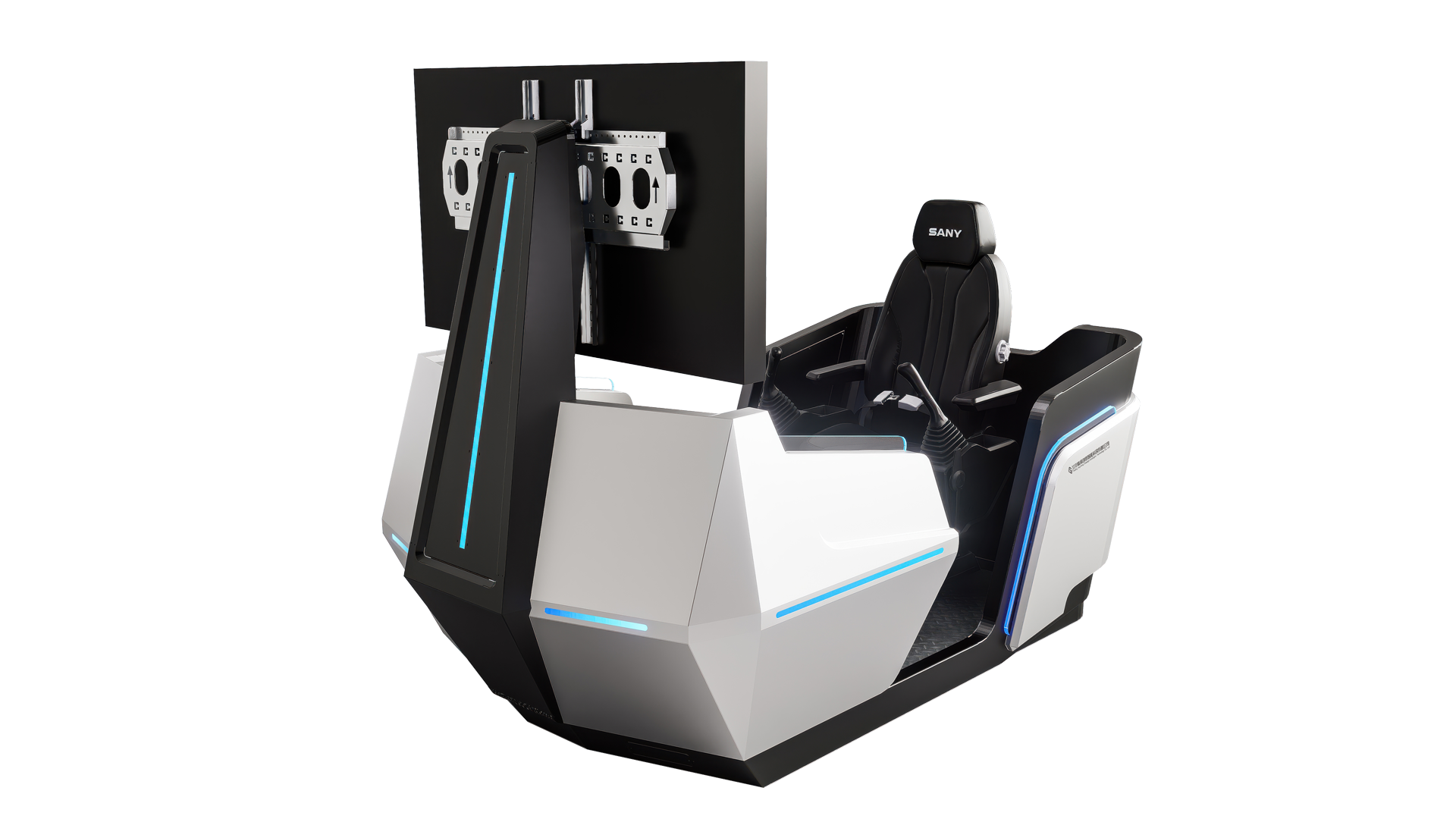 采用黑白主色调搭配蓝色灯光元素，几何化的外观造型充满科技感，体现出工业设备的精密性与现代化设计理念，同时灯光的运用增强了操作环境的氛围感与辨识度。